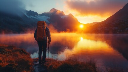Obraz premium Hiker enjoying a serene sunset by a lake in the mountains.