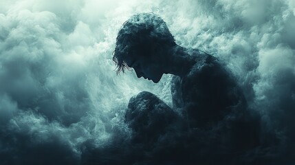 A young man with schizophrenia suffers from depression, stress, and anxiety, depicted in a conceptual illustration of mental illness.