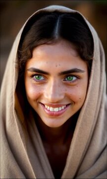 A young middle eastern girl, Jewish, from bible times, smiles at the camera. Concept for Rebecca, Mary, Rachel, or Esther from the bible. Beautiful girl smiling in joy, bride, traditional clothing