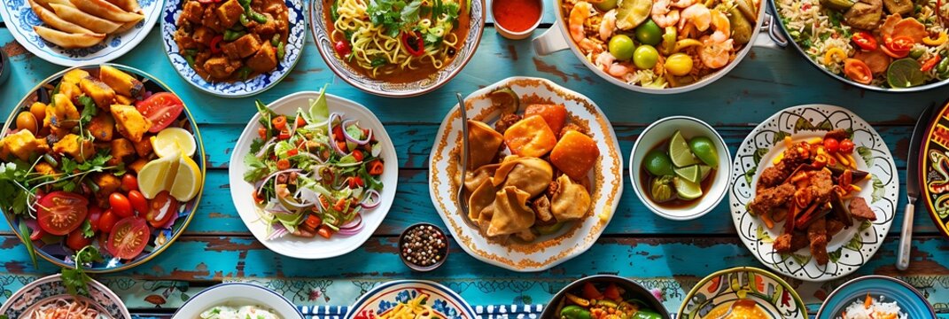 Naklejki Global Cuisine Food Culture Create visual feast of culinary diversity photographing multicultural potluck where dish various cuisine come together celebrate rich tapestry of flavor tradition around