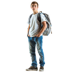 Fototapeta premium Portrait of a casual young man in jeans and a white t-shirt with a backpack, standing confidently against a white background.