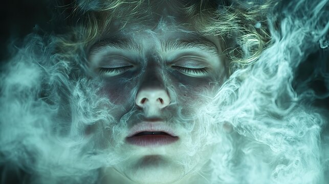 A young schizophrenic man grapples with hallucinations, depression, and anxiety, illustrated in a conceptual depiction of mental illness.