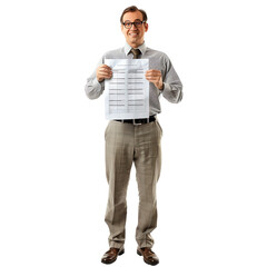 A man in formal attire smiling and holding a large sheet of paper with printed information, isolated on a transparent background.