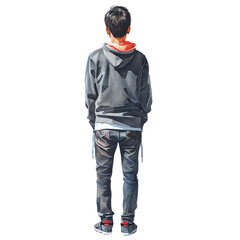 Fototapeta premium Rear view of a young man standing alone in casual clothing, isolated on a white background, facing away from the camera. Perfect for various uses.