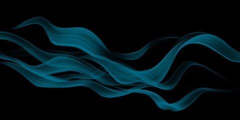 Blue smoke abstract on black background, fire design. Blue abstract wave. Magic line design. Flow curve motion element. Neon gradient wavy illustration. Colorful smoke clouds close up.