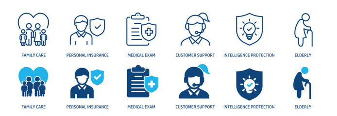 Insurance line and glyph solid icons collection. Minimal icon and symbol series vector illustration