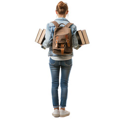 Rear view of student with backpack and books, ready for school or university. Isolated on white background.