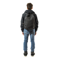 Fototapeta premium Rear view of a young male in casual clothing and backpack, isolated on a white background, suitable for educational and travel concepts.