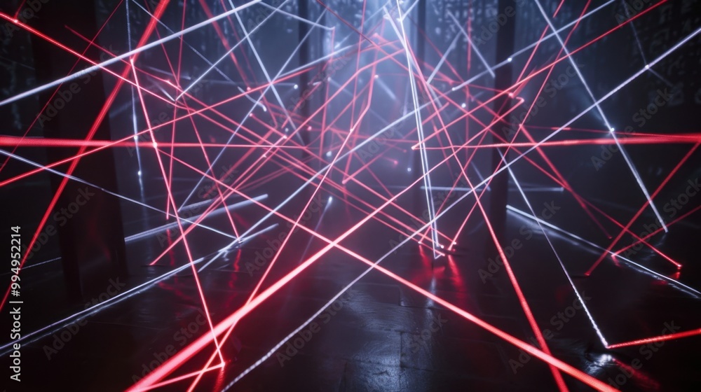 Poster laser light lines crossing each other, forming a web of intersecting paths on a black backdrop, crea