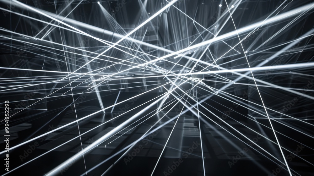 Poster laser light lines crossing each other, forming a web of intersecting paths on a black backdrop, crea