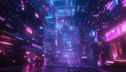 Fototapeta premium A retro-futuristic design with neon grids, VHS glitches, and pixelated elements, taking inspiration from 80s sci-fi movies and video games