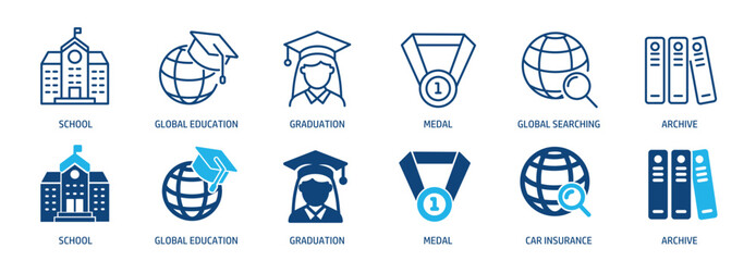 School and e-learning line and glyph solid icons collection. Minimal icon and symbol series vector illustration
