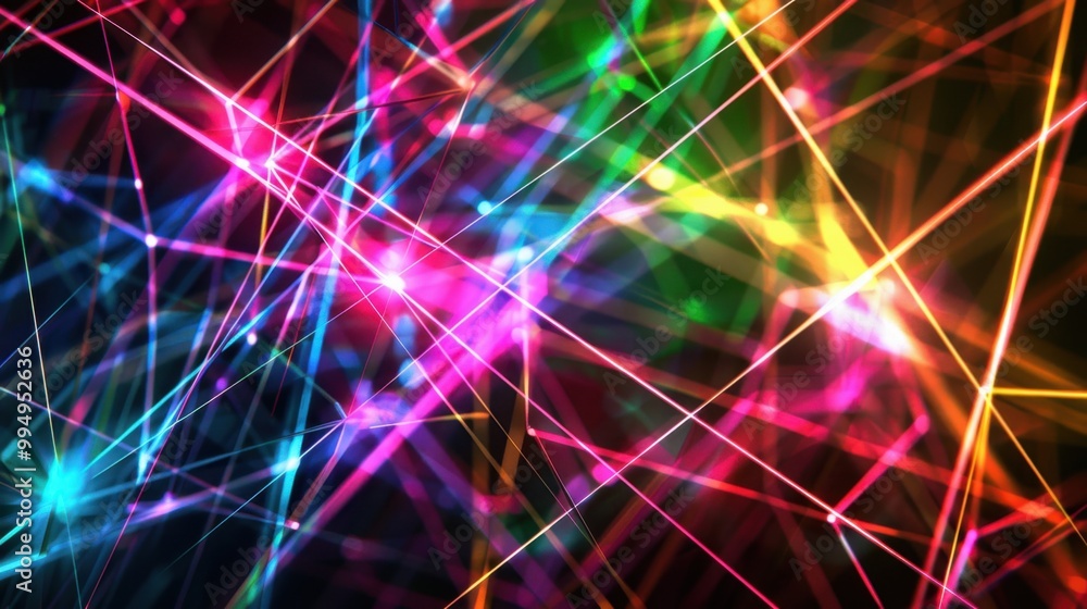 Poster laser light lines of various colors crossing each other, forming a complex web of light on a black b