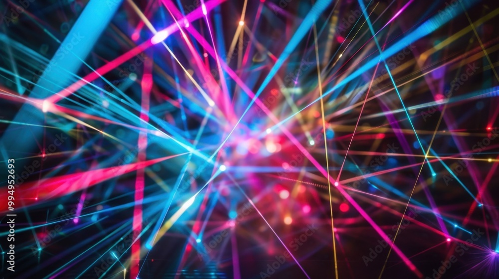 Poster laser light lines of various colors crossing each other, forming a complex web of light on a black b