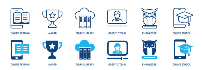 School and e-learning line and glyph solid icons collection. Minimal icon and symbol series vector illustration