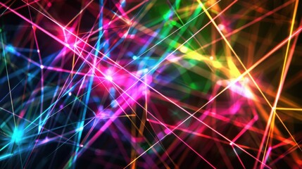 Laser light lines of various colors crossing each other, forming a complex web of light on a black background