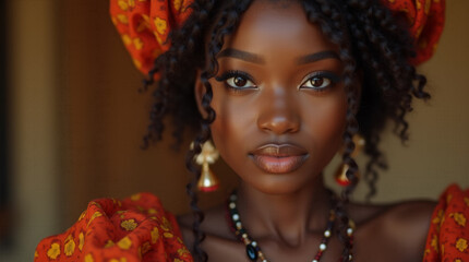Potrait of a beautiful Nigerian woman with short curly black hair and wearing a colorful hat and matching dress. She is looking directly at the camera.