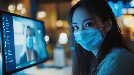 A focused young woman wearing a mask looks at a computer, reflecting a digital environment filled with soft lights.