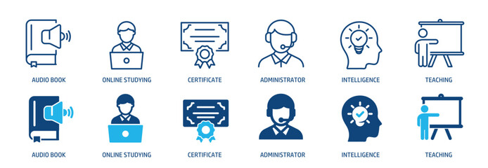 School and e-learning line and glyph solid icons collection. Minimal icon and symbol series vector illustration