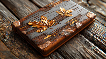 beautifully crafted notebook featuring engraved cover with intricate leaf designs, perfect for personal use or as thoughtful gift. rustic wooden texture adds warm, inviting touch. 