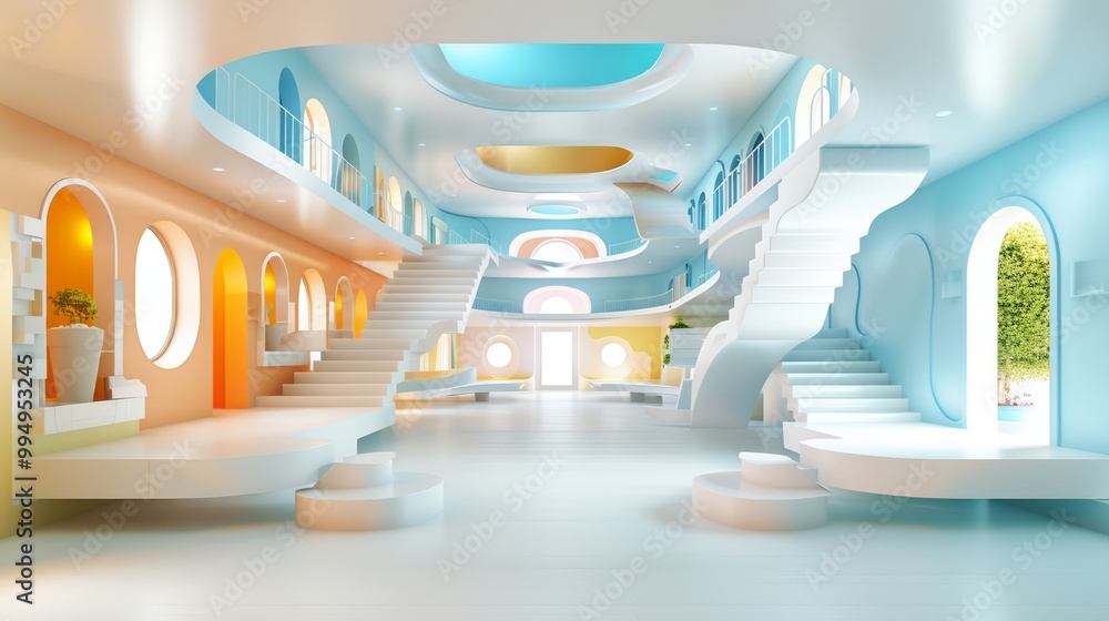Poster surreal architectural structure with floating stairs