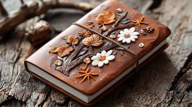 beautifully crafted personalized notebook with engraved cover featuring intricate floral designs. This unique gift is perfect for nature lovers and adds touch of elegance to any writing experience. 