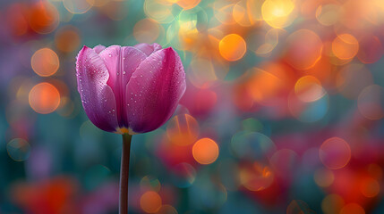 Pink Tulip with Water Droplets and Bokeh Background Illustration