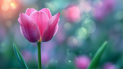 Pink Tulip in a Field with Bokeh Background - Illustration