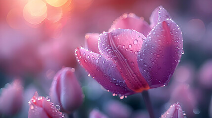 Purple Tulip Flower with Dew Drops Macro Photography