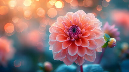 Pink Dahlia Flower with Water Droplets and Bokeh Background - Illustration
