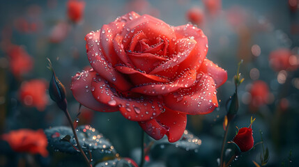 Red Rose with Dew Drops - Digital Illustration