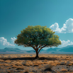 Lonely Tree in Desert Landscape Illustration