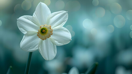 Single White Daffodil Flower with Teal Bokeh Background - Illustration