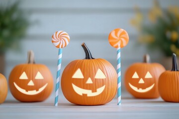 Brightly lit jack-o'-lanterns paired with striped lollipops in a cheerful Halloween scene. The glowing pumpkins and candy pops create a playful, festive mood perfect for seasonal celebrations.
