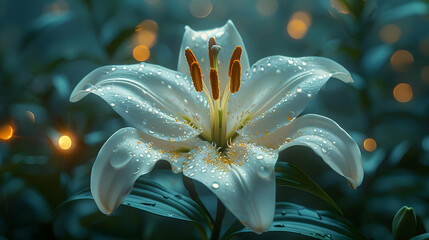 White Lily with Dew Drops and Bokeh Illustration