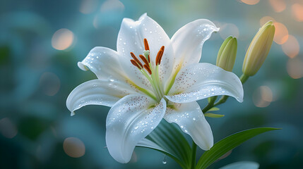 White Lily Flower with Dew Drops - Realistic Image