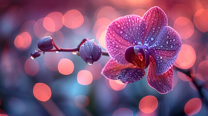 Pink Orchid Flower with Water Droplets, Close-Up Photography