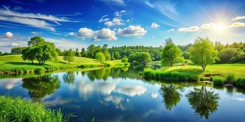 Fototapeta premium A serene landscape featuring a tranquil pond with lush green trees reflected in the still water, surrounded by rolling hills and a vibrant sky adorned with fluffy clouds