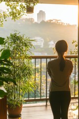 Fototapeta premium A Person Stretching On A Balcony With A Stunning View. The Practice Encourages Mindfulness And Appreciation For The Surround