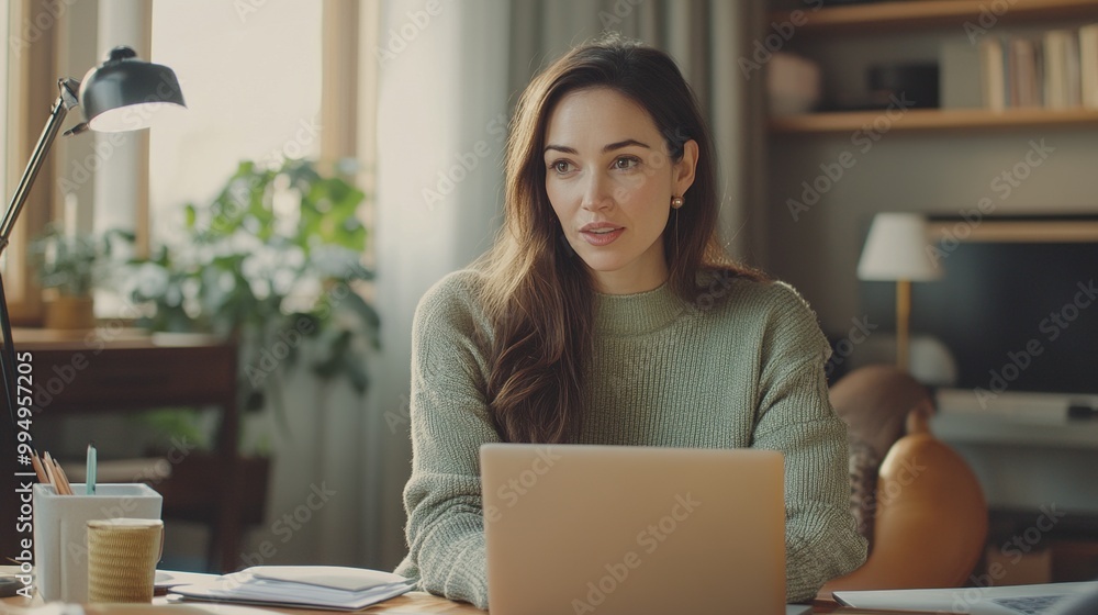 Wall mural A woman in a sweater sits at a desk with a laptop, looking thoughtful in a cozy, well-lit room with plants and decorative elements.