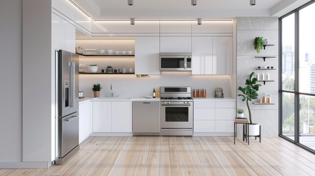 Minimalist kitchen with white cabinetry, stainless steel appliances, and clean countertops