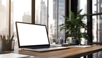 Modern Businessman's Office with Laptop Mockup on Wooden Desk