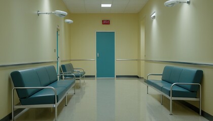 Empty Modern Hospital Corridor. Long hospital bright corridor with rooms and seats 3D rendering. Long Corridor in Hospital 58