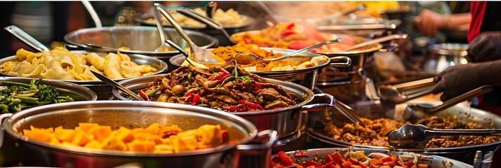 Global Cuisine Food Culture Capture sensory experience of multicultural food market where vendors offer tantalizing array of dishes around world enticing visitors their aromatic flavors vibrant colors