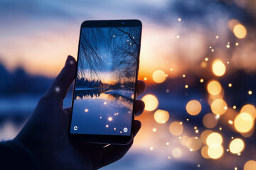 and holding smartphone vertically with camera app against a blurred photo of a lake landscape, person taking photo on a cell phone, isometric, large format canvas