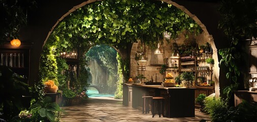Frontal view of a mystical forest kitchen where trees grow pasta, rivers flow with chocolate, enchanting details