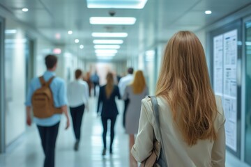 Corporate team evacuating a high-rise building during an emergency drill, referencing emergency plans displayed in hallways