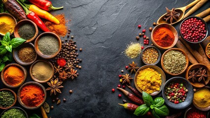 Aromatic Spices and Herbs Arranged in a Symmetrical Pattern on a Dark Surface