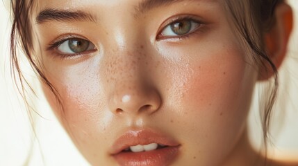Obraz premium Close-up Portrait of a Woman with Freckles and Dewy Skin