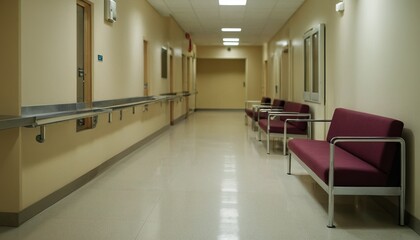 hospital bright corridor with rooms and blue seats 3D rendering 25